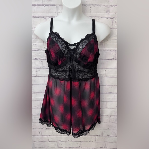 torrid Other - Torrid Babydoll Neglige Size 3X 22/24 Red Black Plaid Lace Sheer Sexy